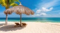 Sunny tropical Caribbean beach with palm trees With Wooden Chairs