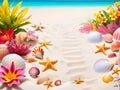 A sunny tropical seashore with white sand, colored shells