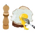 Sunny Side Up Egg With Runny Yolk, Pepper Mill set aside. Fork poking or pricking runny yolk. Royalty Free Stock Photo