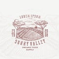 Sunny Valley Retro Badge or Logo Template. Hand Drawn Rural Farm Landscape Sketch with Retro Typography. Vintage Sketch Royalty Free Stock Photo