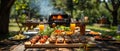 Sunny Veggie BBQ Delight on Rustic Table. Concept Veggie BBQ, Outdoor Cooking, Rustic Table Royalty Free Stock Photo