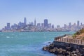 Sunny view of the Alcatraz Island and San Francisco skyline Royalty Free Stock Photo