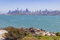 Sunny view of the Alcatraz Island and San Francisco skyline Royalty Free Stock Photo