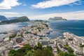 Sunny view of Alesund from mountain Aksla