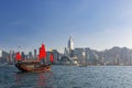 Sunny view of the cityscape of Victoria Harbour with Aqualuna wooden ship