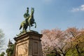 Sunny view of the Equestrian statue of Prince Komatsu Akihito in Ueno Park
