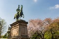 Sunny view of the Equestrian statue of Prince Komatsu Akihito in Ueno Park