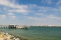 Sunny view of the harbor of Shoreline Park and cityscape