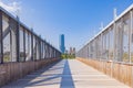 Sunny view of the skyline of Oklahoma City from Scissortail Bridge