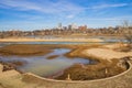 Sunny view of the skyline of Tulsa city from River West Festival Park