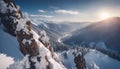 a sunny view on a snowy mountain with snow capped mountains Royalty Free Stock Photo