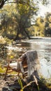 sunny weather as you immerse yourself in the tranquil beauty of Russian nature by the river, with a wooden chair adorned
