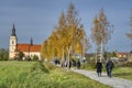 On a sunny autumn day, people go birch alley towards the church