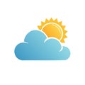 Sunny weather icon with a bright yellow sun emerging from a blue cloud Royalty Free Stock Photo