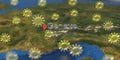 Sunny weather icons near Geneve city on the map, weather forecast related 3D rendering