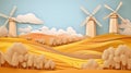 Sunny Wheat Fields and Windmills: Idyllic Paper-Style Countryside Scene - Generative AI