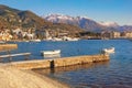 Sunny winter day, beautiful Mediterranean landscape. Montenegro. View of Bay of Kotor and Tivat city Royalty Free Stock Photo