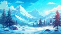 Sunny winter day landscape with mountains and forests covered with snow and ice. Cartoon modern natural snowy background Royalty Free Stock Photo