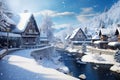 a sunny winter day in a mountain village with a river covered with snow