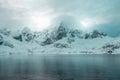 Sunny winter day in norwegian mountains and epic view, Norway. Amazing landscape in Lofoten. Royalty Free Stock Photo