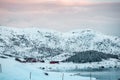Sunny winter day in norwegian mountains and epic view, Norway. Amazing landscape in Lofoten. Royalty Free Stock Photo
