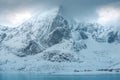 Sunny winter day in norwegian mountains and epic view, Norway. Amazing landscape in Lofoten. sky. Royalty Free Stock Photo