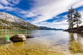 Sunny winter day on the shoreline of Lake Tahoe, Sand Harbor State Park, Sierra mountains, Nevada Royalty Free Stock Photo