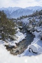 Sunny winter landscape with mountain creek in Austrian Alps, Mieming, Tyrol, Austria Royalty Free Stock Photo