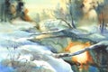 Sunny winter landscape with a river watercolor Royalty Free Stock Photo