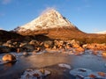 Sunny winter morning at frozen river Coupall at delta to river Etive. Higland in Scotland an marvelous day.