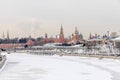 Sunny winter panoramic shot of the Moscow Kremlin, the Bolshoy Moskvoretsky Bridge and the partially frozen Moskva River