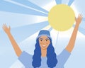 Sunny woman happy mood flat vector stock illustration as a concept of happiness good mood psychological health sun in the sky