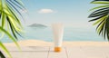 Sunprotection product mock up, beautiful beach with product presentation mock up