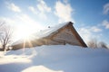 sunray peeking over snow-buried barn roof