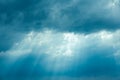 Sunrays Through Blue Rainy Dramatic Sky. Natural Abstract Background Royalty Free Stock Photo