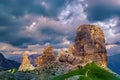 Sunrays on the dolomitic Cinque Torri Royalty Free Stock Photo