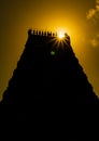 Sunrays effect (Gopuram) of Varadharaja Perumal Temple & Lord Atthi Varadar Perumal god statue inside the pond, Kanchipuram, Tamil