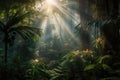 sunrays filtering through misty jungle foliage