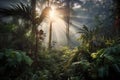 sunrays filtering through misty jungle foliage