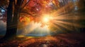 Sunrays over colorful autumn leaves at a lake created with Generative AI Royalty Free Stock Photo