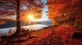 Sunrays over colorful autumn leaves at a lake created with Generative AI Royalty Free Stock Photo