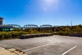 Sunrays over Union Pacific railroad bridge across Missouri River at Omaha Royalty Free Stock Photo