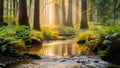 Sunrays peer through tall trees, reflected in a calm stream surrounded by lush greenery. Royalty Free Stock Photo