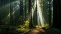 Sunrays Piercing Through a Canopy of Tall Redwoods. Generative Ai Royalty Free Stock Photo