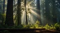 Sunrays Piercing Through a Canopy of Tall Redwoods. Generative Ai Royalty Free Stock Photo