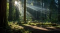 Sunrays Piercing Through a Canopy of Tall Redwoods. Generative Ai Royalty Free Stock Photo