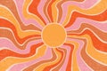 Sunrays retro background. Vector summer 70s poster. Abstract groovy design with grunge texture. Old paper banner with