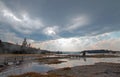 Sunrays and sunbeams above steam rising off Hot Lake in the Lower Geyser Basin in Yellowstone National Park in Wyoming USA Royalty Free Stock Photo