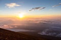 Sunrise above clouds and warm sky. Royalty Free Stock Photo