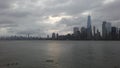 Sunrise above Downtown Manhattan in New NY across Hudon River - View from Liberty State Park in Jersey City, NJ. Royalty Free Stock Photo